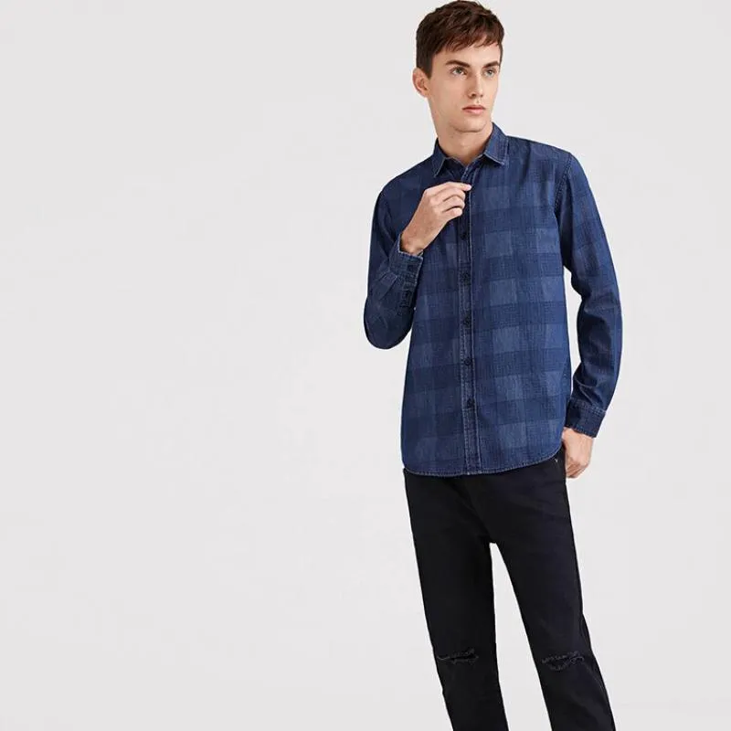 Men's Casual Plaid Long Sleeved Denim Shirt