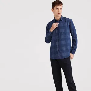 Men's Casual Plaid Long Sleeved Denim Shirt