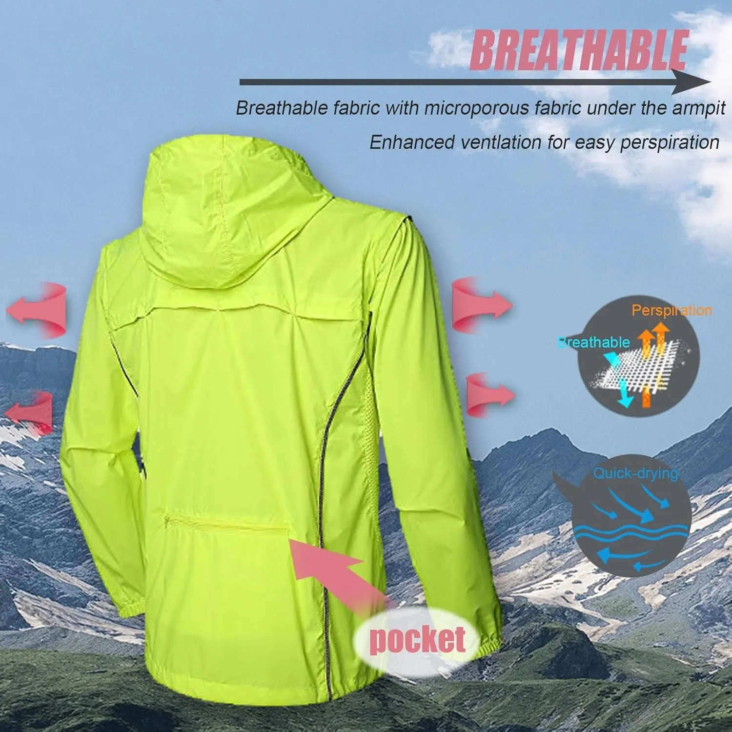 Men's Cycling Rain JacketsLightweight Packable Hooded Jacket Waterproof Reflective