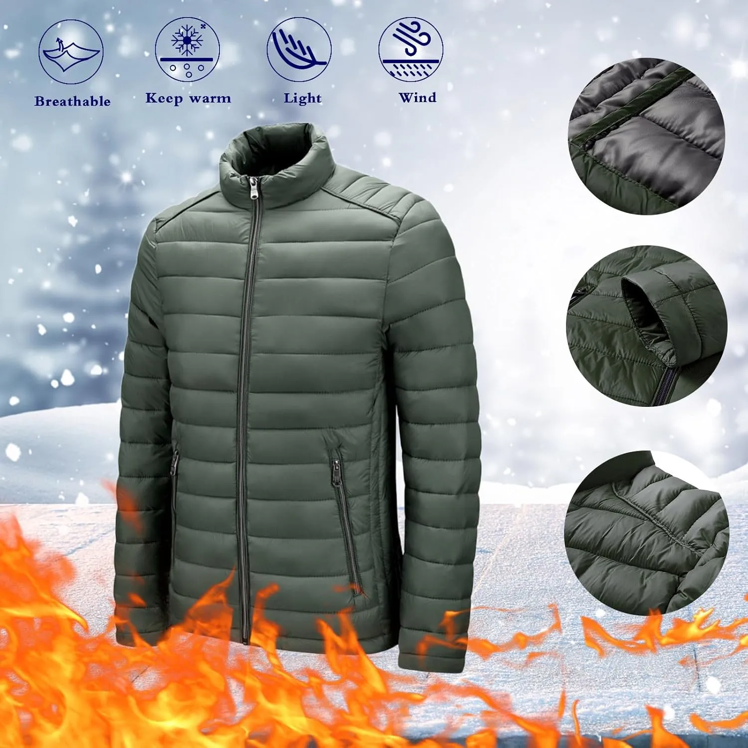Men's Down Jackets & Coats No Hood Waterproof Full Zip Up Winter Warm Down Jacket Quilted Insulated Puffy Jackets