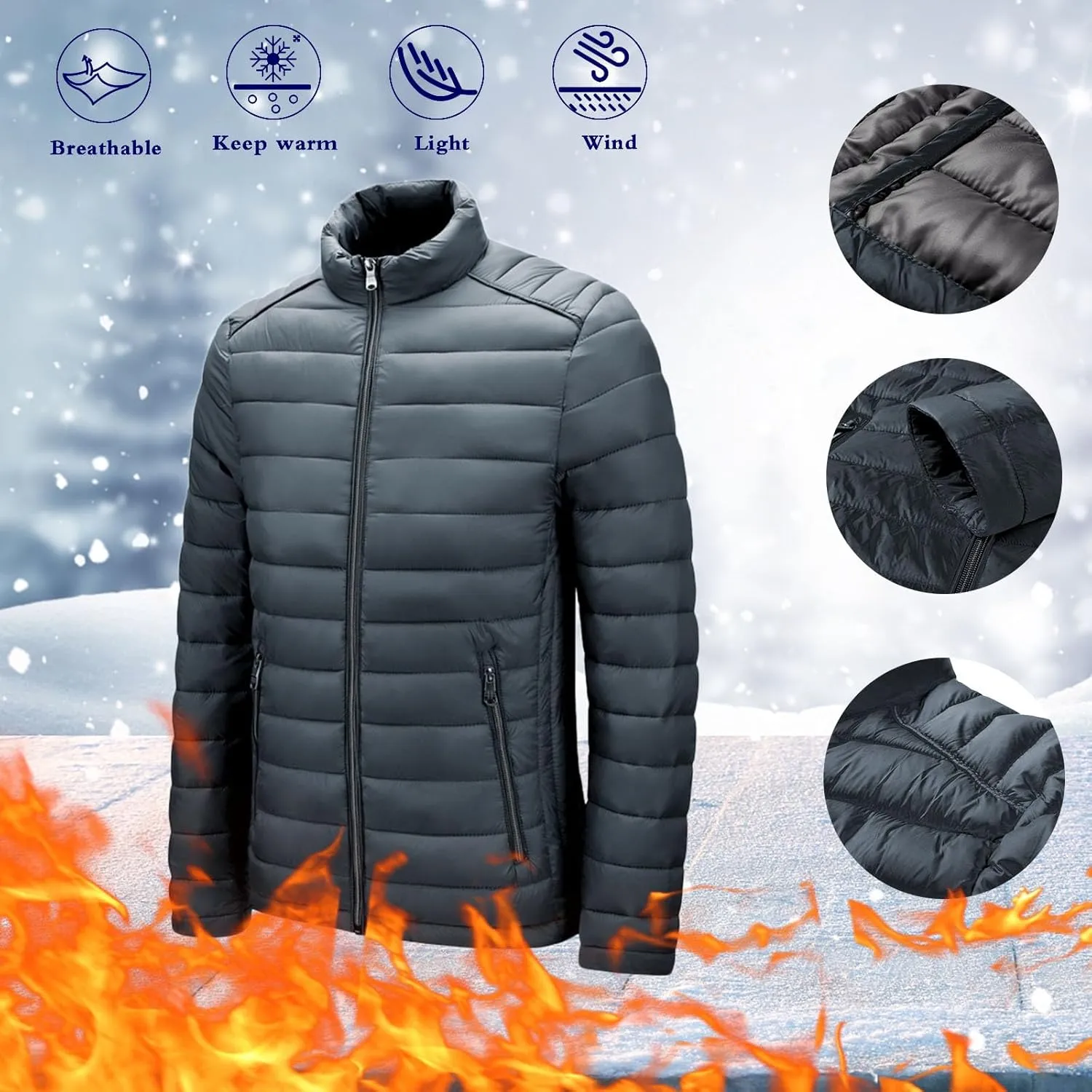 Men's Down Jackets & Coats No Hood Waterproof Full Zip Up Winter Warm Down Jacket Quilted Insulated Puffy Jackets