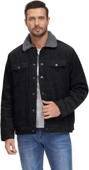 Mens Fleece Sherpa Lined Corduroy Jacket Slim Fit Button Down Trucker Jackets with Pockets Turn Down Collar Jacket
