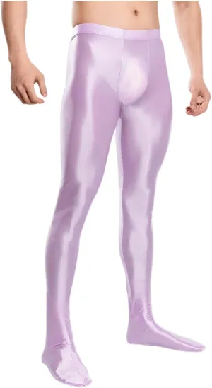 Men's Glossy Compression Tights Pants Footed Leggings Base Layer Training Long Trousers Slim Fit Stretchy Tights