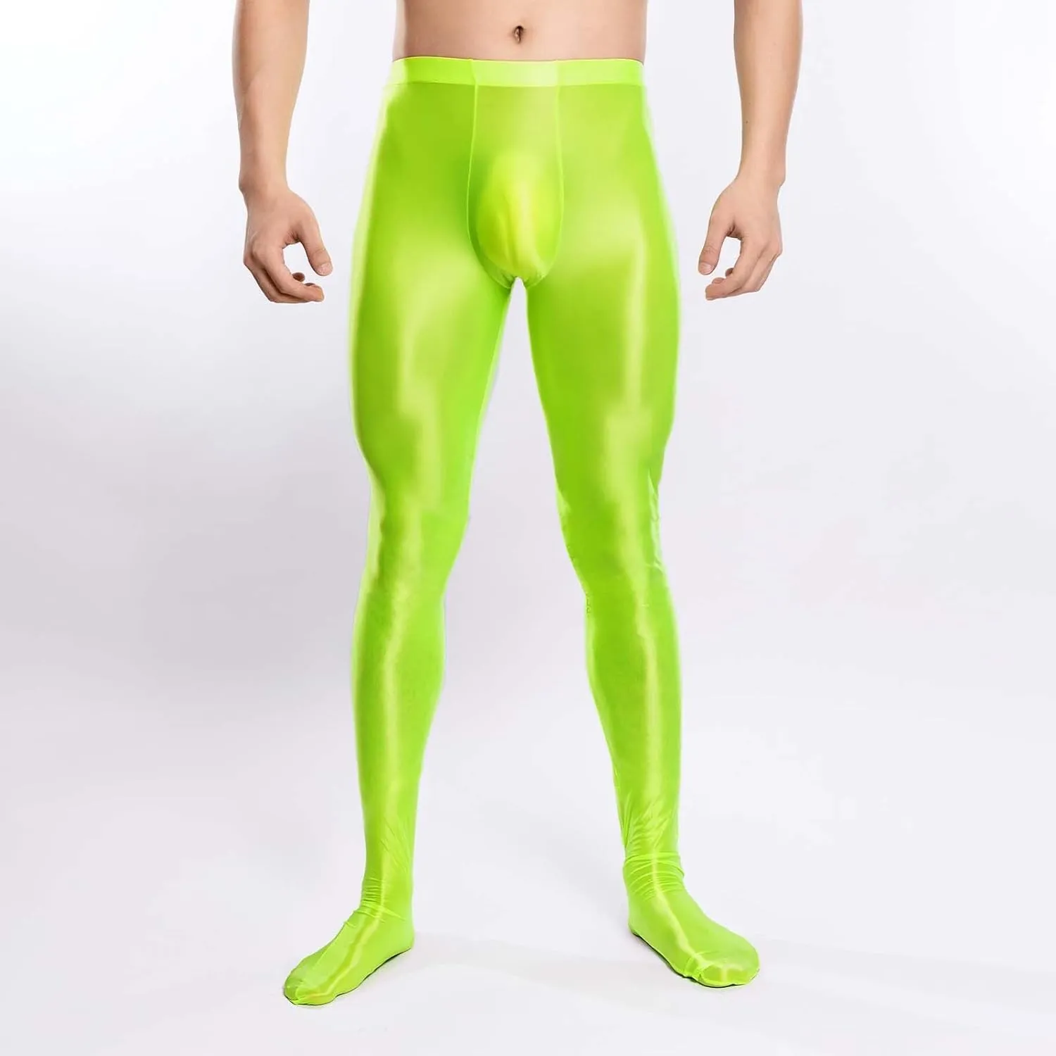 Men's Glossy Compression Tights Pants Footed Leggings Base Layer Training Long Trousers Slim Fit Stretchy Tights