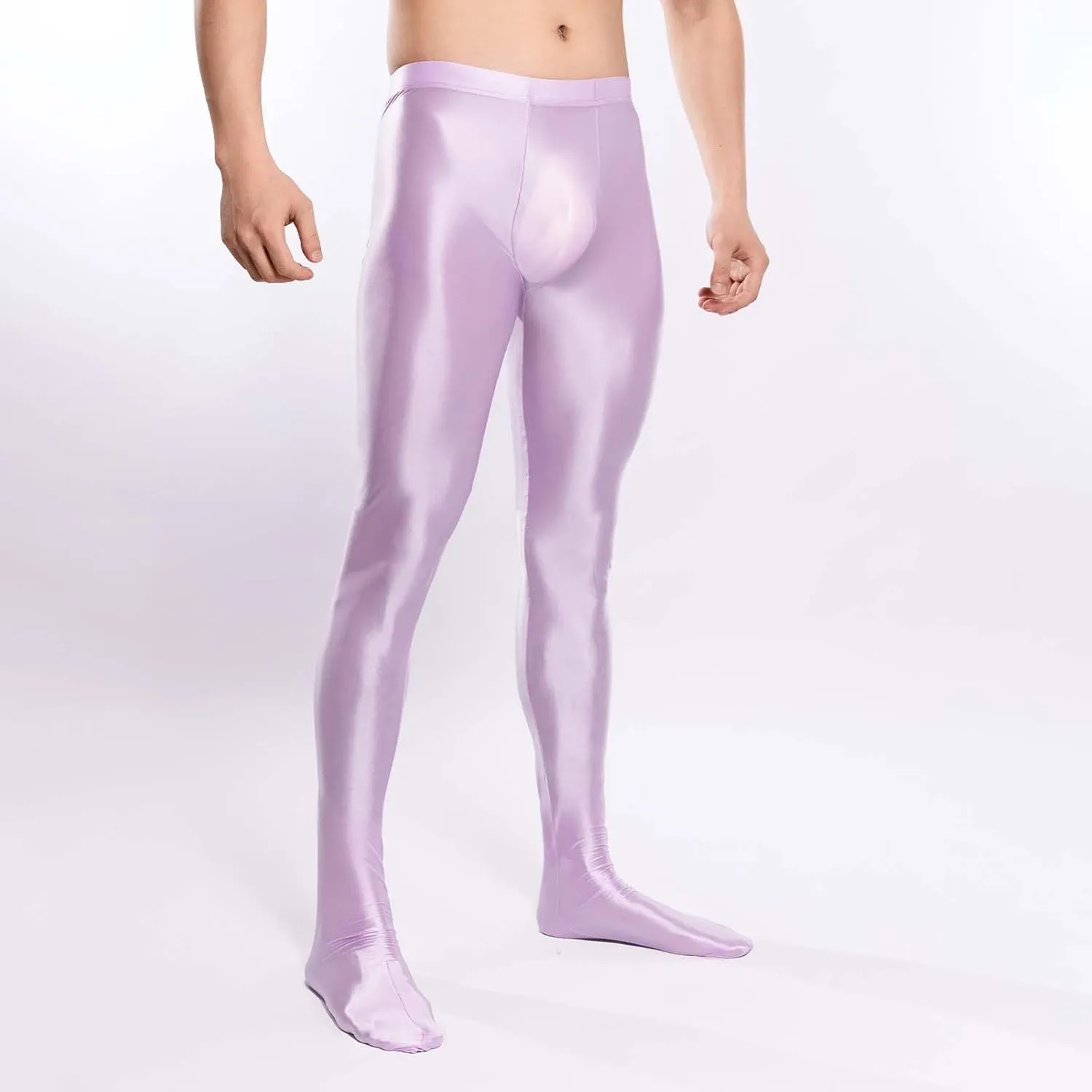 Men's Glossy Compression Tights Pants Footed Leggings Base Layer Training Long Trousers Slim Fit Stretchy Tights