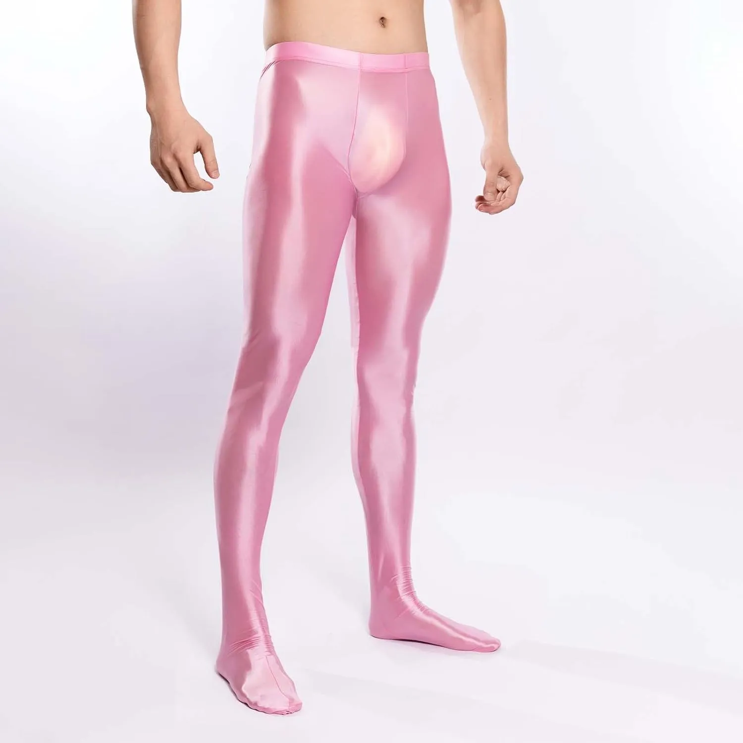 Men's Glossy Compression Tights Pants Footed Leggings Base Layer Training Long Trousers Slim Fit Stretchy Tights