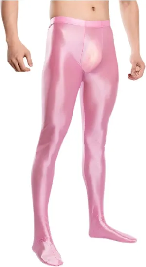 Men's Glossy Compression Tights Pants Footed Leggings Base Layer Training Long Trousers Slim Fit Stretchy Tights