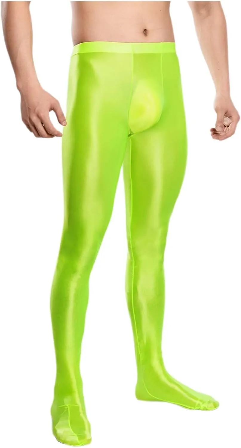 Men's Glossy Compression Tights Pants Footed Leggings Base Layer Training Long Trousers Slim Fit Stretchy Tights
