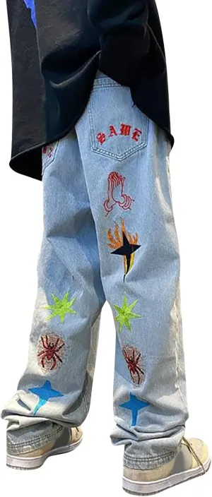 Mens Jeans Baggy Loose Fit Classic Denim Jeans Comfortable Flexible Pants Relaxed Wide Leg Denim Trousers Streetwear