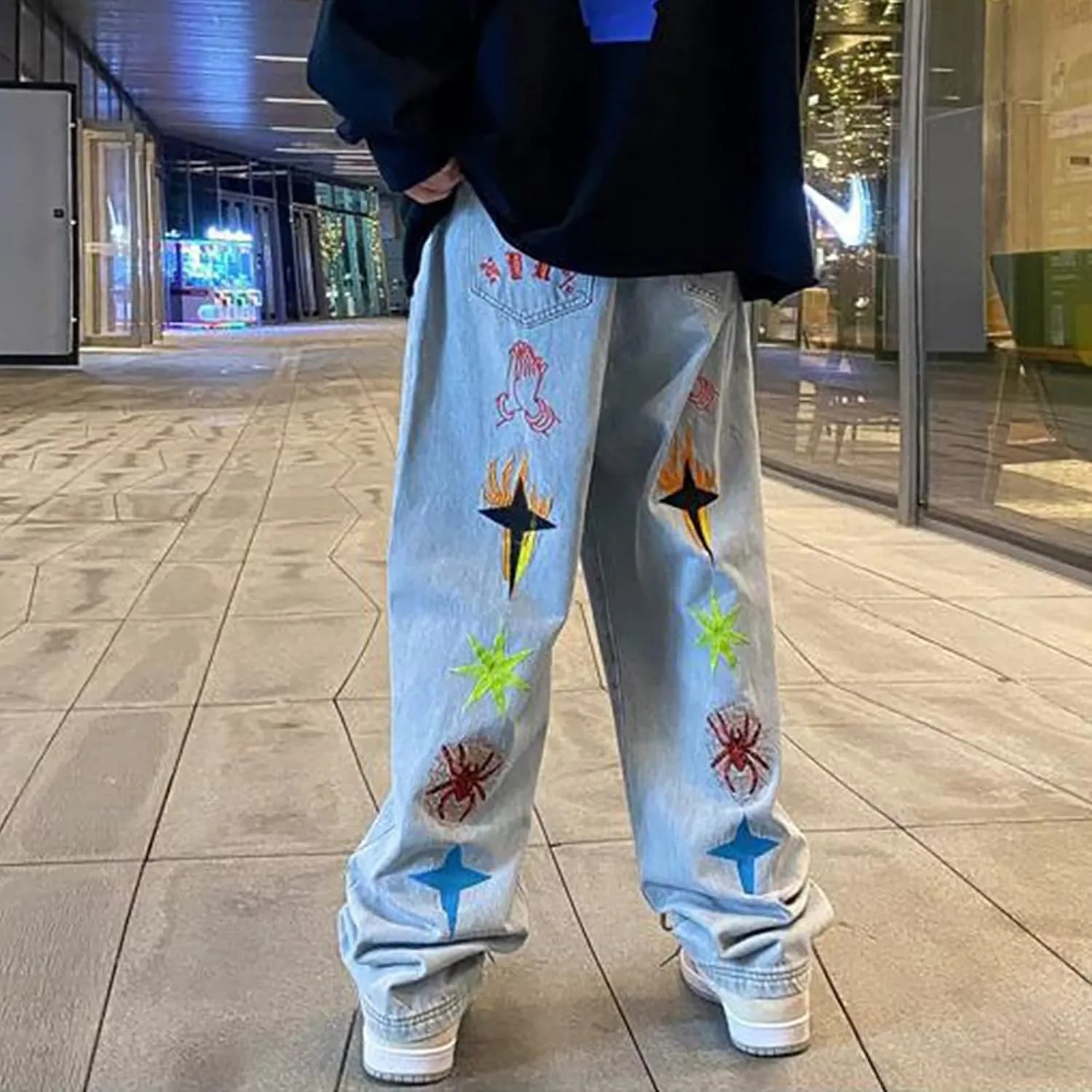 Mens Jeans Baggy Loose Fit Classic Denim Jeans Comfortable Flexible Pants Relaxed Wide Leg Denim Trousers Streetwear