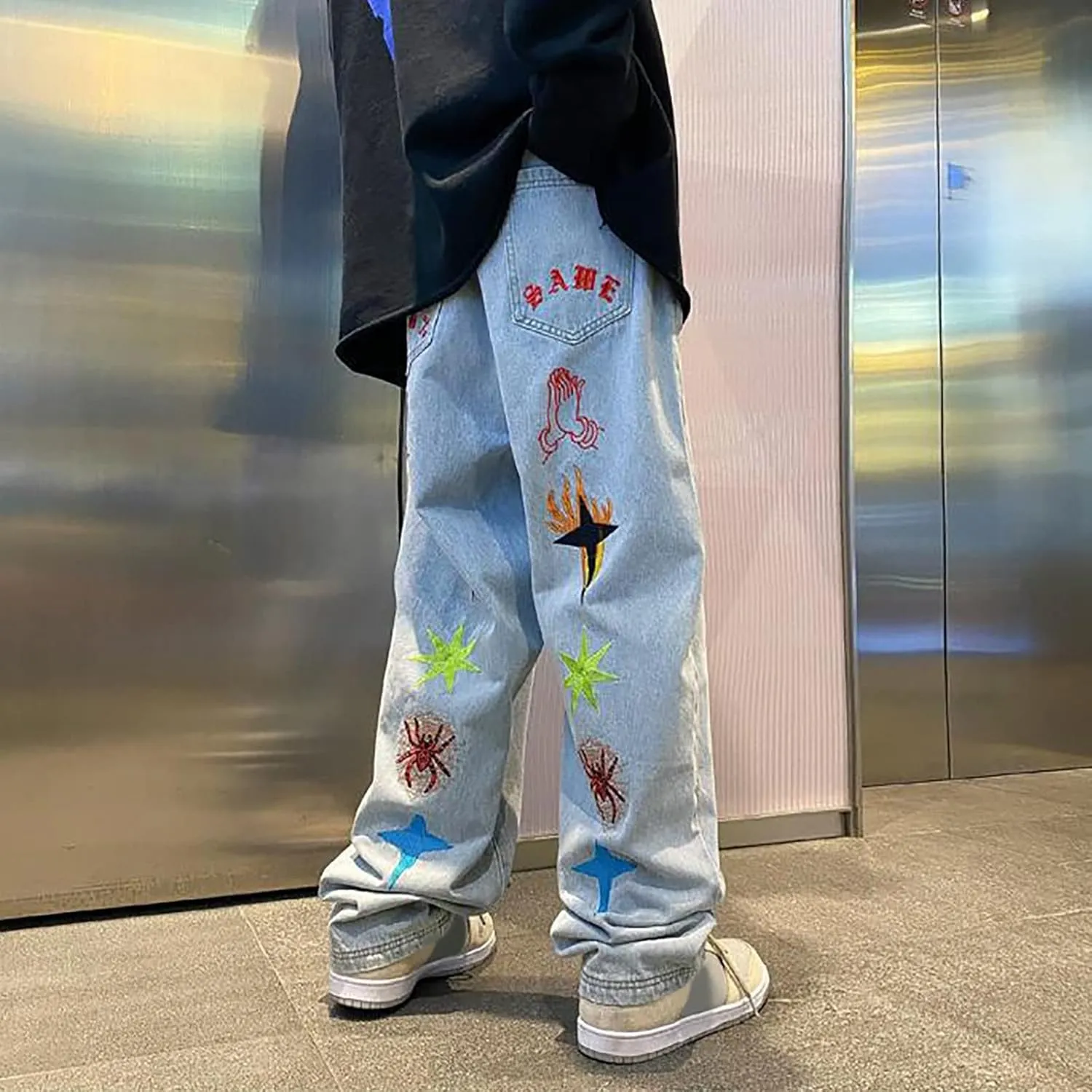 Mens Jeans Baggy Loose Fit Classic Denim Jeans Comfortable Flexible Pants Relaxed Wide Leg Denim Trousers Streetwear
