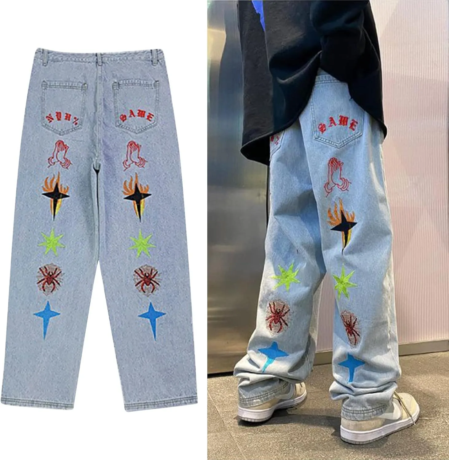 Mens Jeans Baggy Loose Fit Classic Denim Jeans Comfortable Flexible Pants Relaxed Wide Leg Denim Trousers Streetwear