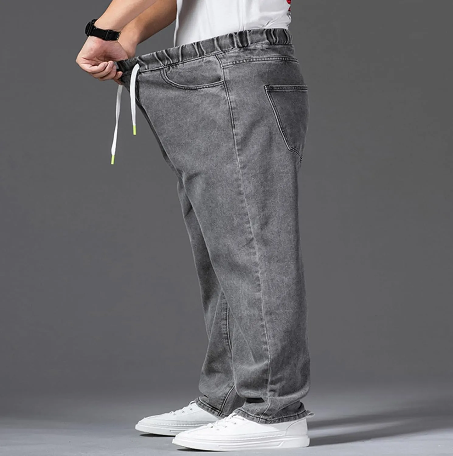 Men's Jeans - Plus Size Loose Fit Baggy Flexible Pants - Elastic Waist Drawstring Straight Leg Jean Joggers