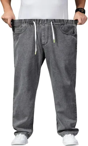 Men's Jeans - Plus Size Loose Fit Baggy Flexible Pants - Elastic Waist Drawstring Straight Leg Jean Joggers