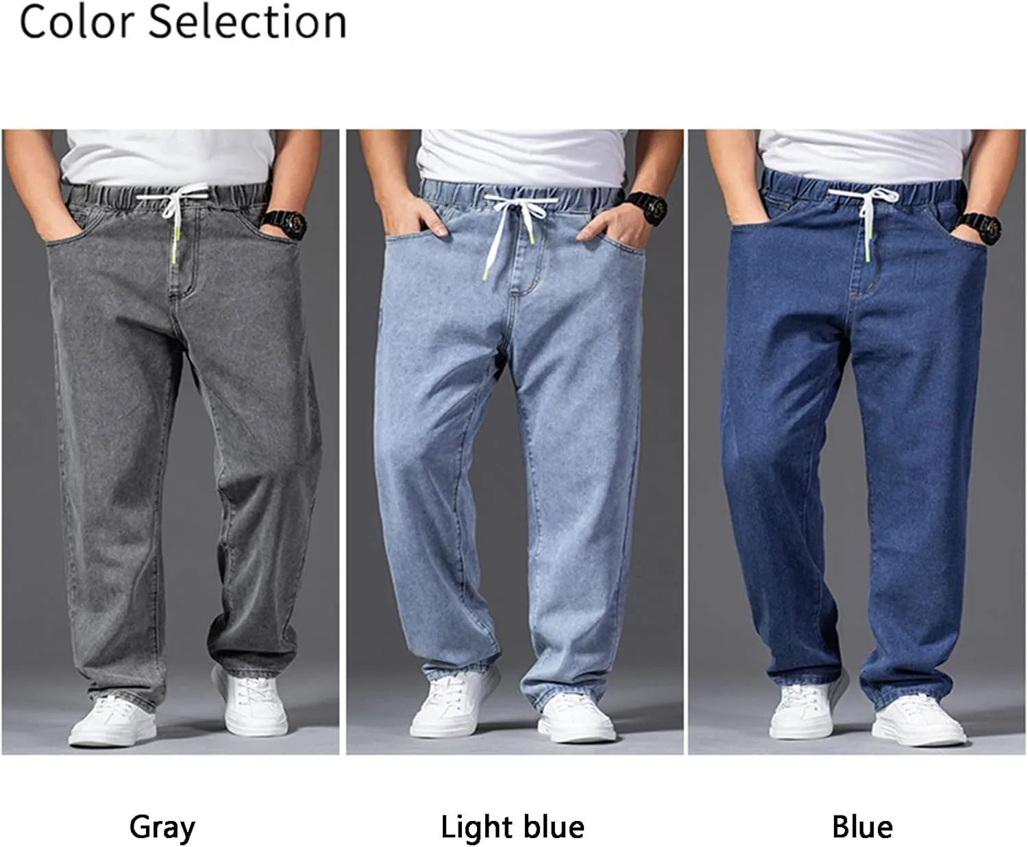 Men's Jeans - Plus Size Loose Fit Baggy Flexible Pants - Elastic Waist Drawstring Straight Leg Jean Joggers