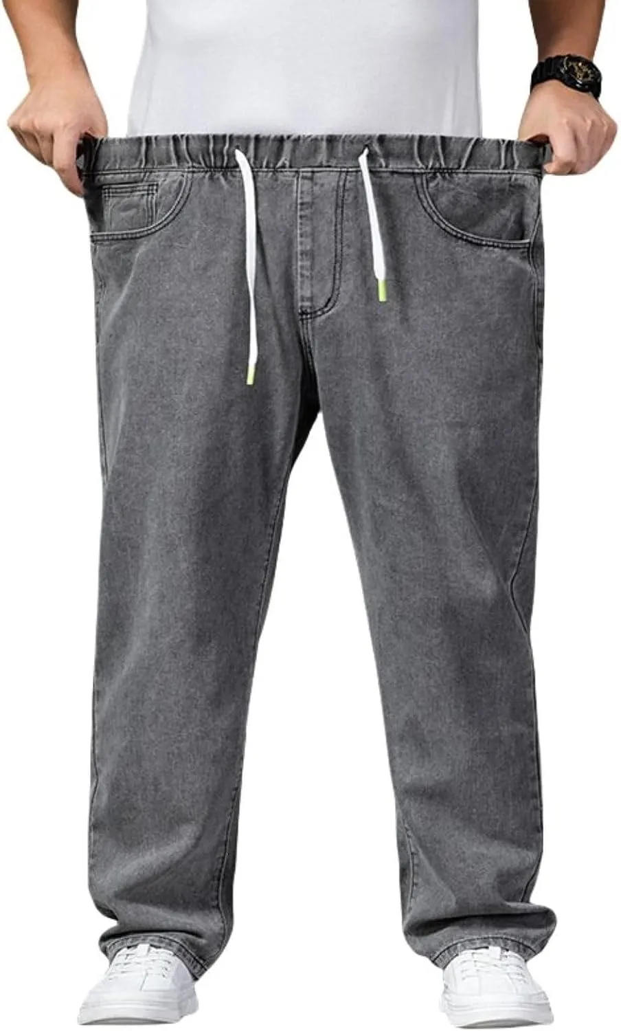 Men's Jeans - Plus Size Loose Fit Baggy Flexible Pants - Elastic Waist Drawstring Straight Leg Jean Joggers