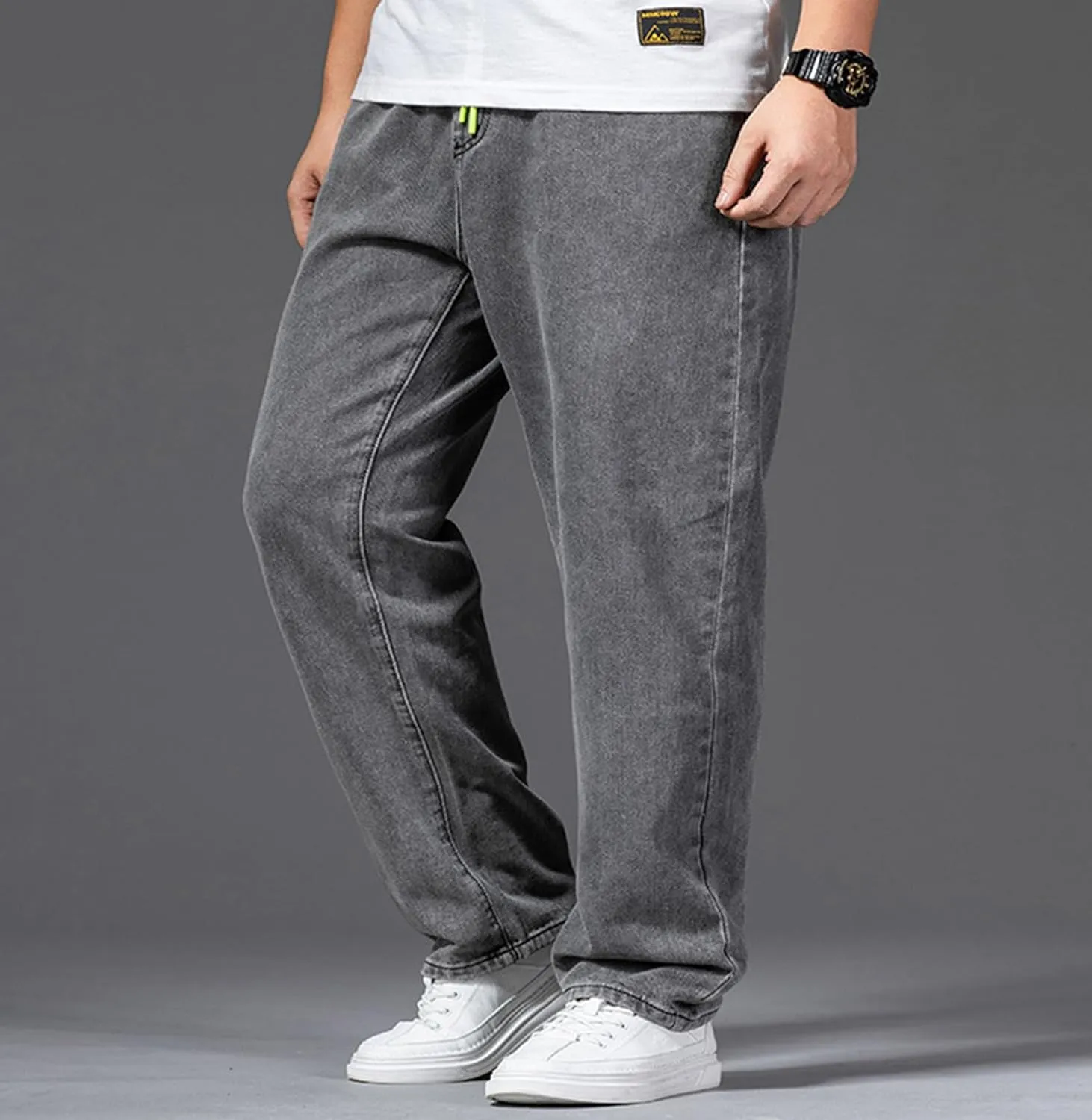 Men's Jeans - Plus Size Loose Fit Baggy Flexible Pants - Elastic Waist Drawstring Straight Leg Jean Joggers