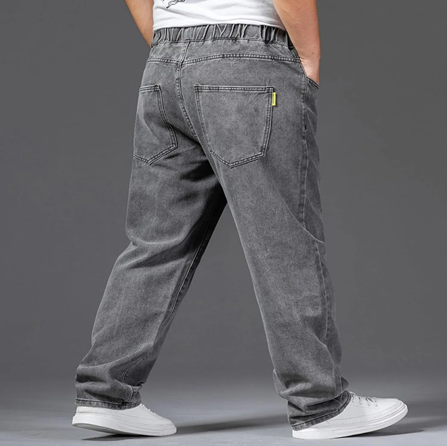 Men's Jeans - Plus Size Loose Fit Baggy Flexible Pants - Elastic Waist Drawstring Straight Leg Jean Joggers