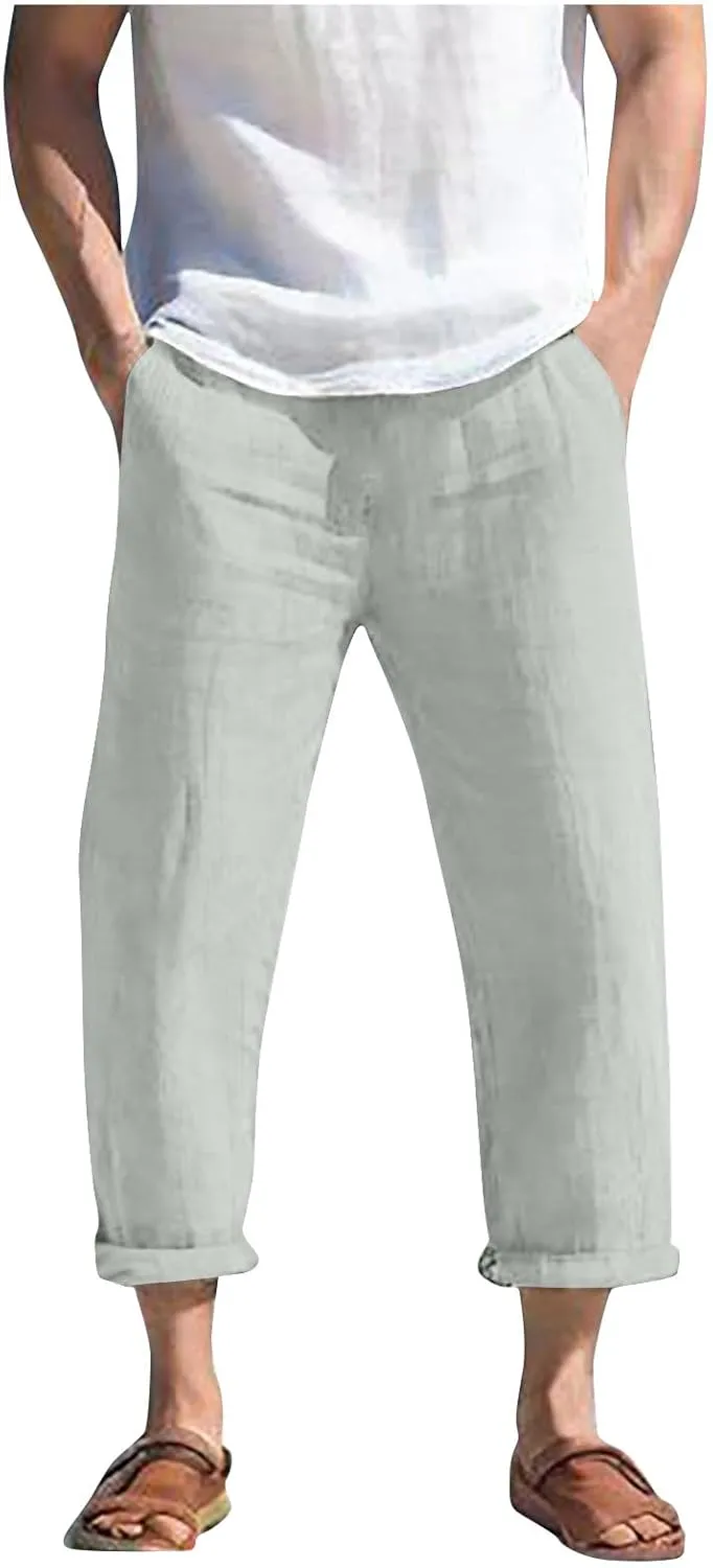 Mens Linen Beach Pants Big and Tall Cropped Elastic Waist Sweatpant Casual Stylish 80S Outfit for Men Baggy