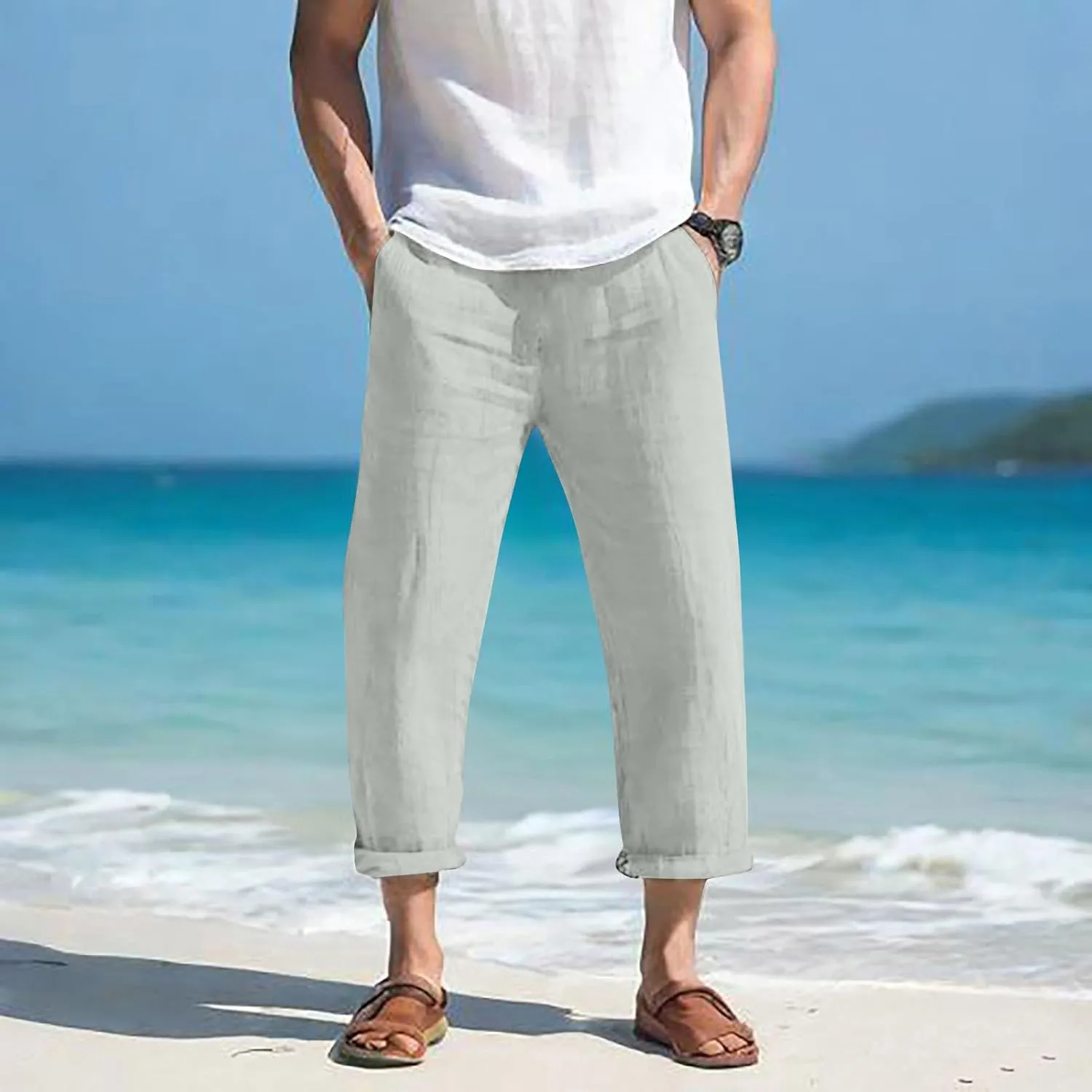 Mens Linen Beach Pants Big and Tall Cropped Elastic Waist Sweatpant Casual Stylish 80S Outfit for Men Baggy
