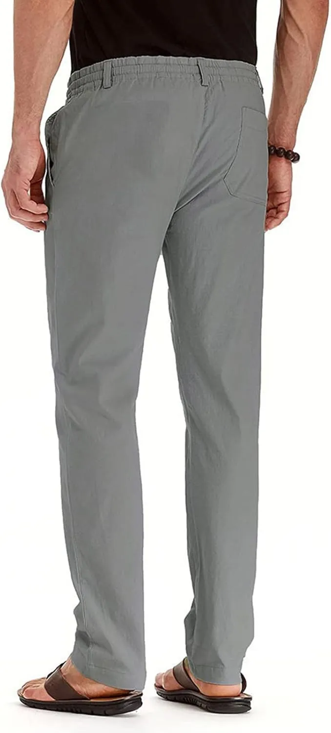 Men's Linen Casual Pants, Elastic Waist Beach Pants Lightweight Drawstring Summer Pants, Lightweight Sweatpants for Men