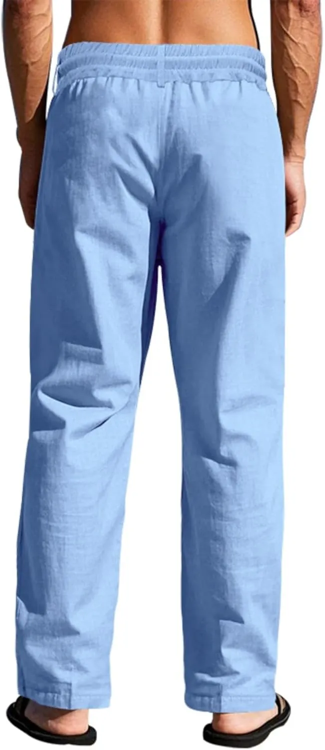 Mens Linen Pants Solid Color Elastic Waist Drawstring Baggy Trousers Summer Casual Beach Vacation Pant with Pockets