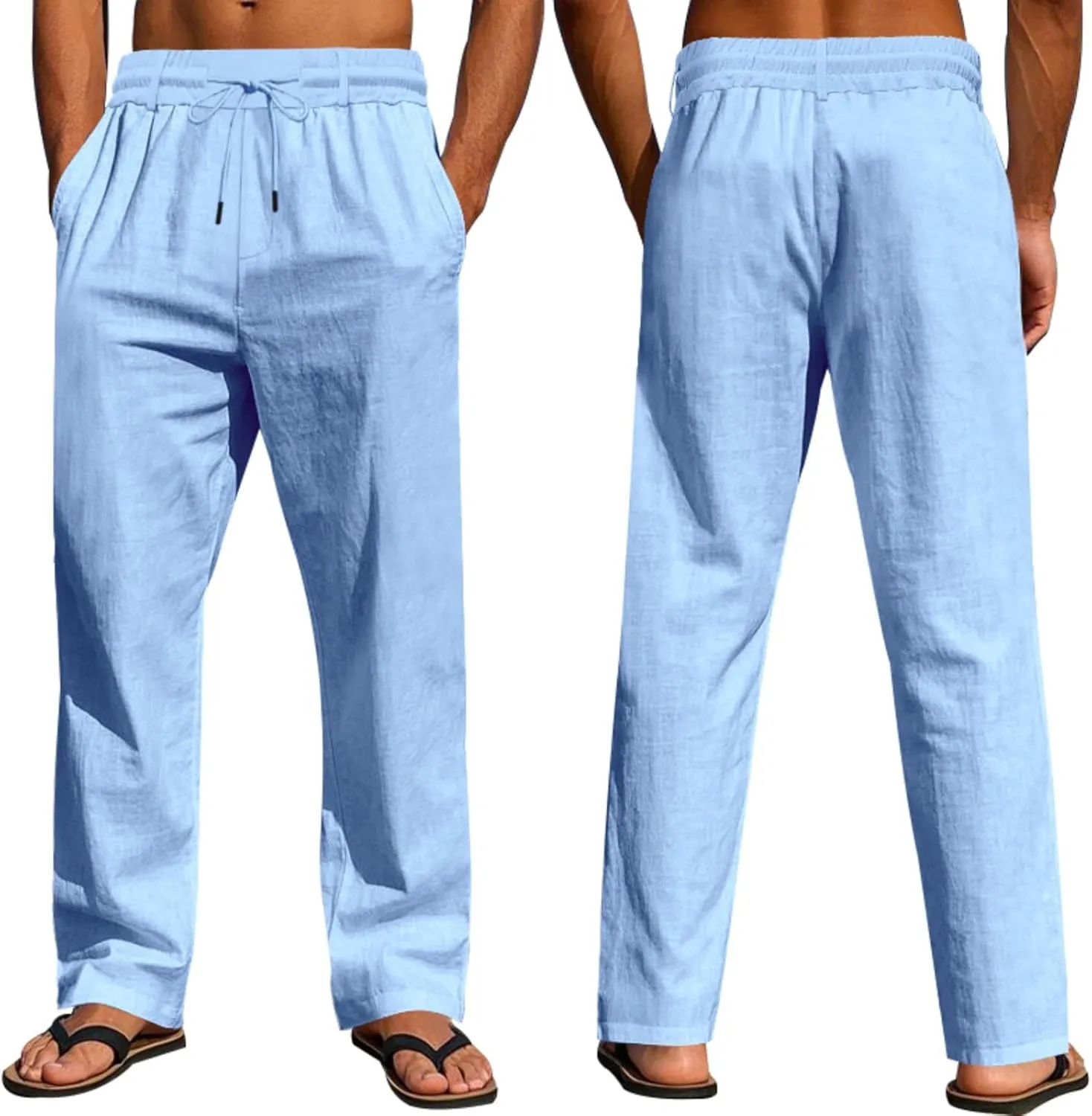 Mens Linen Pants Solid Color Elastic Waist Drawstring Baggy Trousers Summer Casual Beach Vacation Pant with Pockets