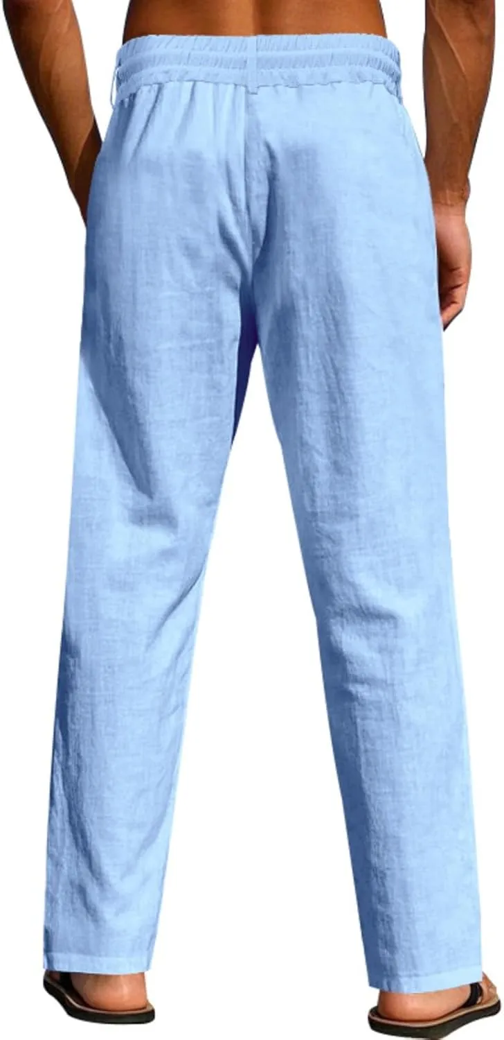 Mens Linen Pants Solid Color Elastic Waist Drawstring Baggy Trousers Summer Casual Beach Vacation Pant with Pockets