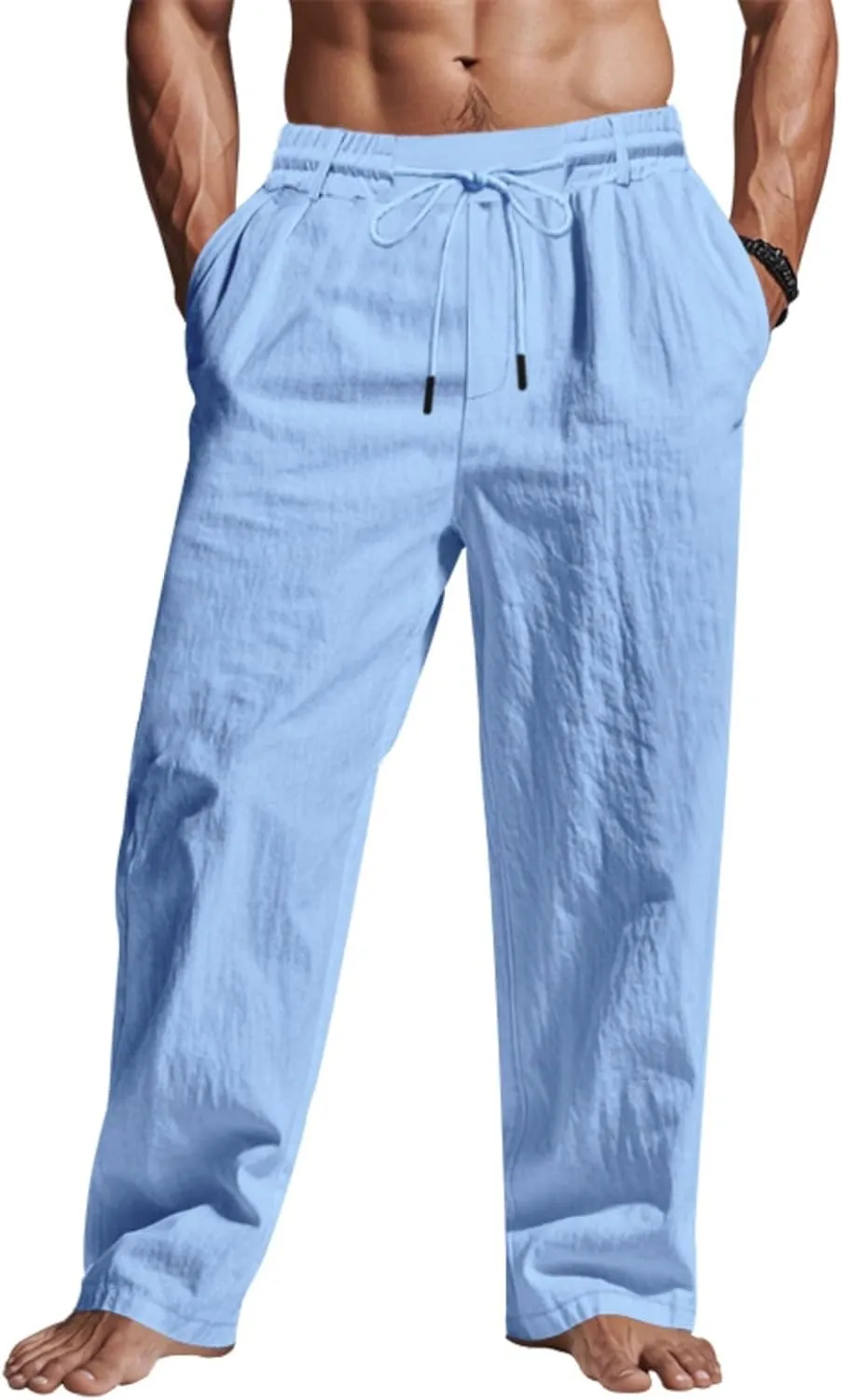 Mens Linen Pants Solid Color Elastic Waist Drawstring Baggy Trousers Summer Casual Beach Vacation Pant with Pockets