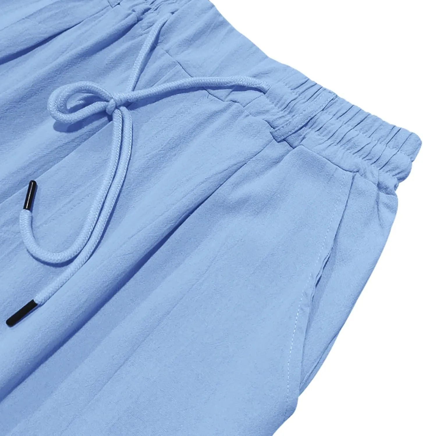 Mens Linen Pants Solid Color Elastic Waist Drawstring Baggy Trousers Summer Casual Beach Vacation Pant with Pockets