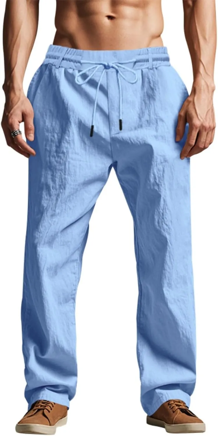 Mens Linen Pants Solid Color Elastic Waist Drawstring Baggy Trousers Summer Casual Beach Vacation Pant with Pockets