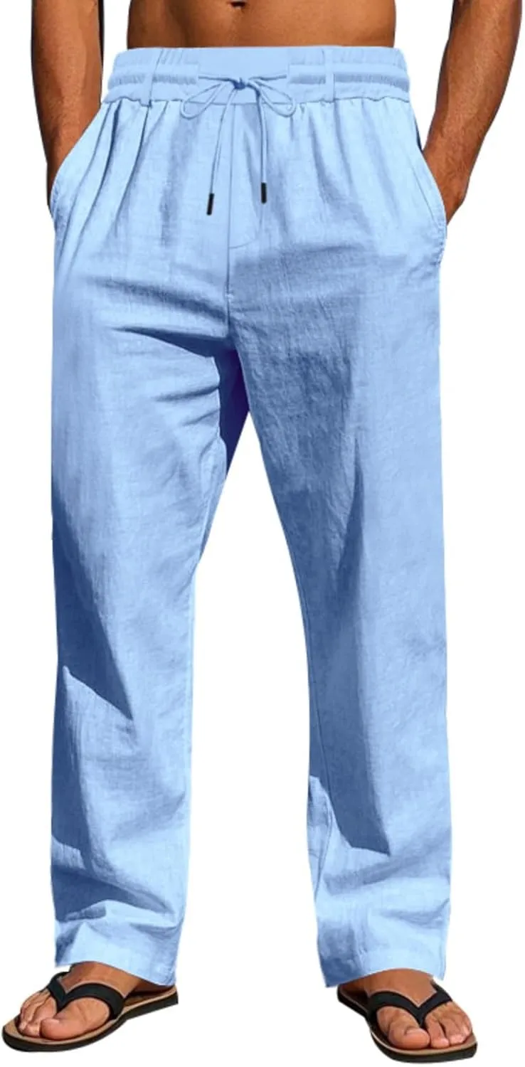 Mens Linen Pants Solid Color Elastic Waist Drawstring Baggy Trousers Summer Casual Beach Vacation Pant with Pockets