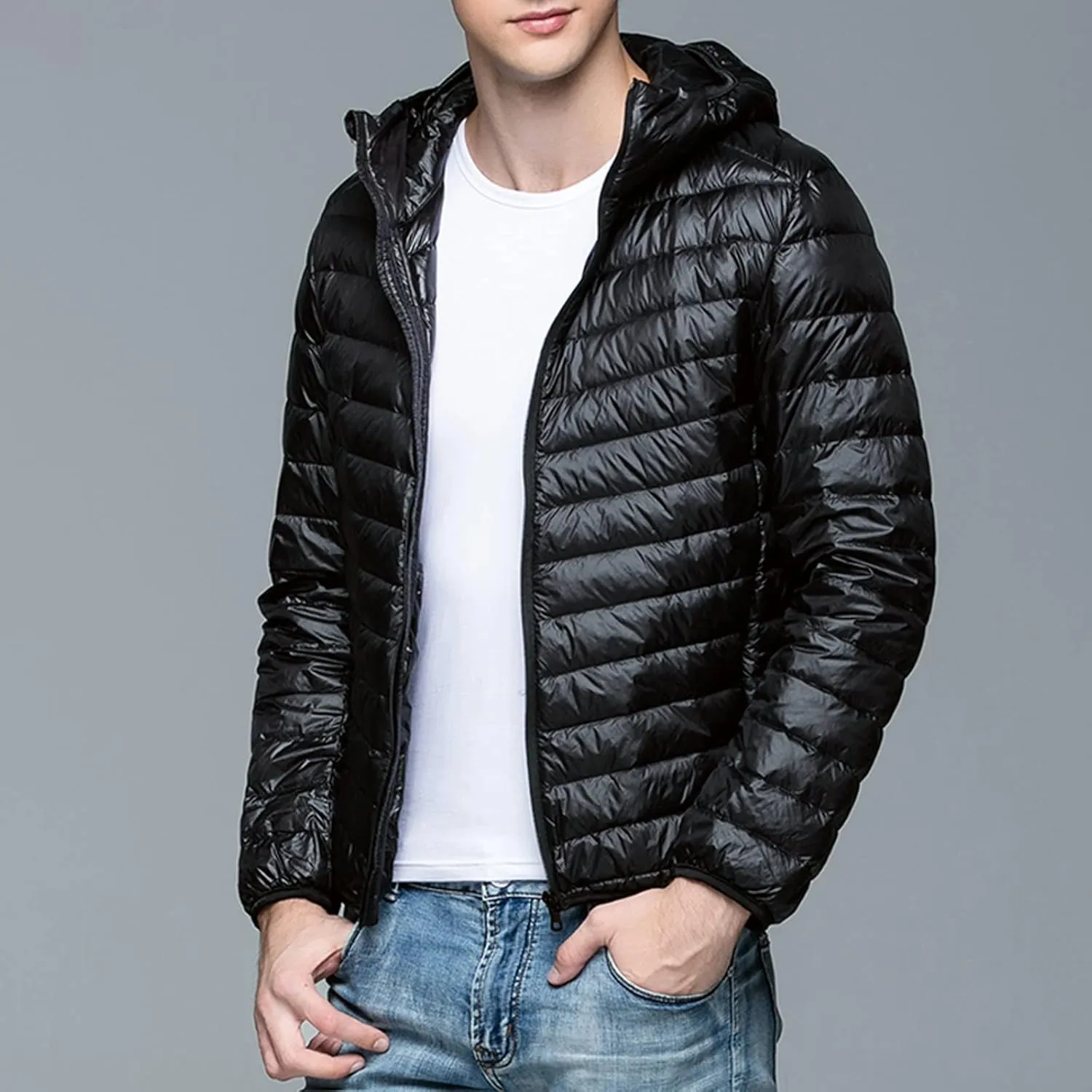 Men's Puffer Jacket Lightweight Men's Winter Thickened Solid Color Casual Lightweight Warm Winter Jackets for Men