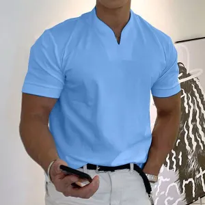 Men's V-Neck Gentleman's Business Short Sleeve Casual Solid Color Fitness T-Shirt