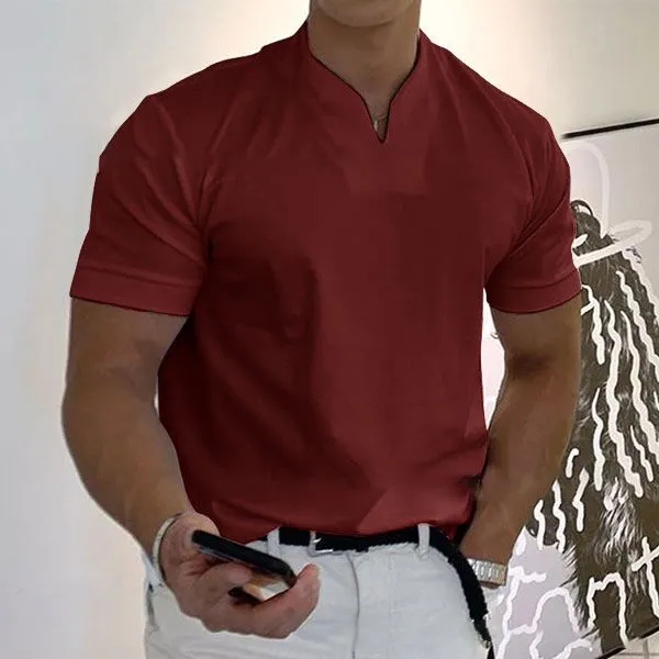 Men's V-Neck Gentleman's Business Short Sleeve Casual Solid Color Fitness T-Shirt