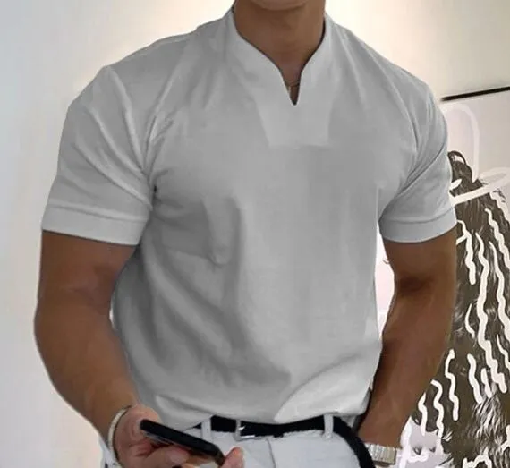 Men's V-Neck Gentleman's Business Short Sleeve Casual Solid Color Fitness T-Shirt