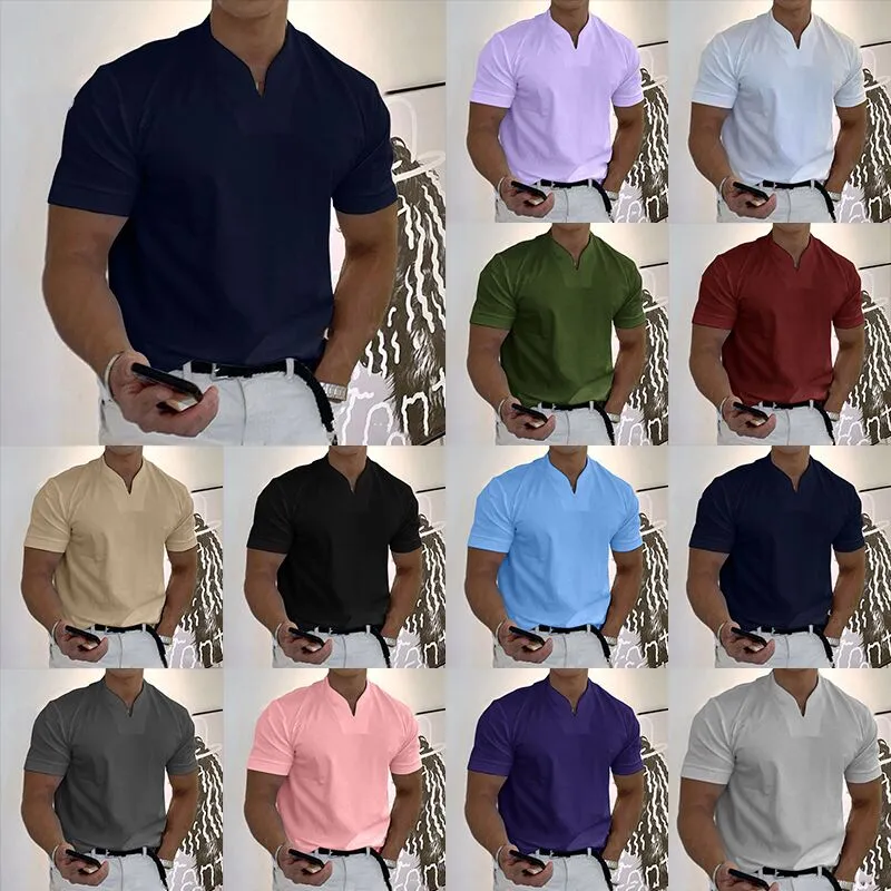 Men's V-Neck Gentleman's Business Short Sleeve Casual Solid Color Fitness T-Shirt