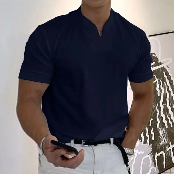 Men's V-Neck Gentleman's Business Short Sleeve Casual Solid Color Fitness T-Shirt