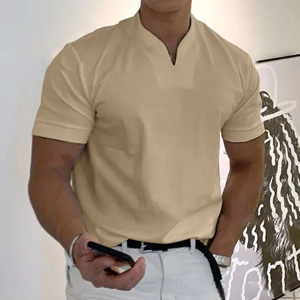 Men's V-Neck Gentleman's Business Short Sleeve Casual Solid Color Fitness T-Shirt