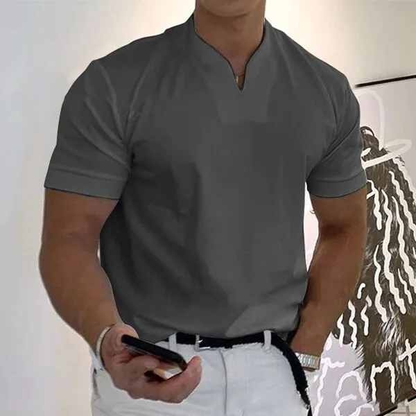 Men's V-Neck Gentleman's Business Short Sleeve Casual Solid Color Fitness T-Shirt