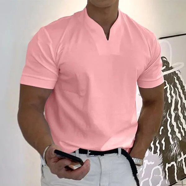 Men's V-Neck Gentleman's Business Short Sleeve Casual Solid Color Fitness T-Shirt