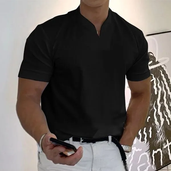 Men's V-Neck Gentleman's Business Short Sleeve Casual Solid Color Fitness T-Shirt