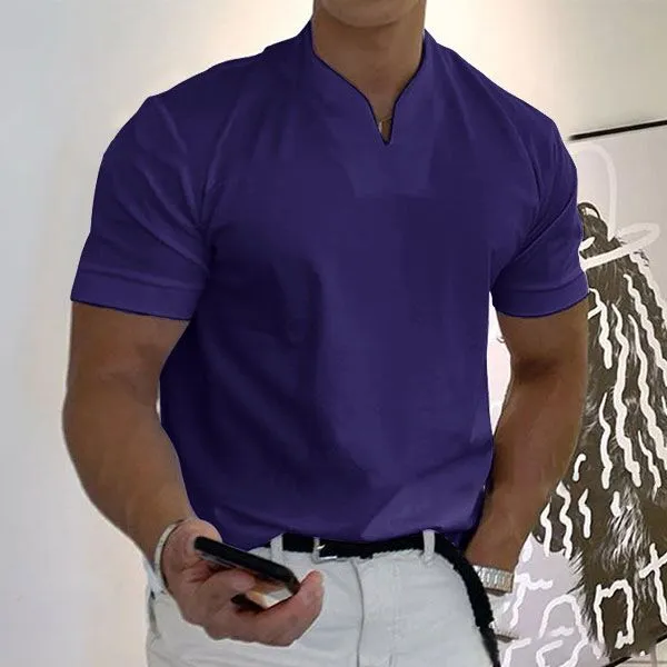 Men's V-Neck Gentleman's Business Short Sleeve Casual Solid Color Fitness T-Shirt