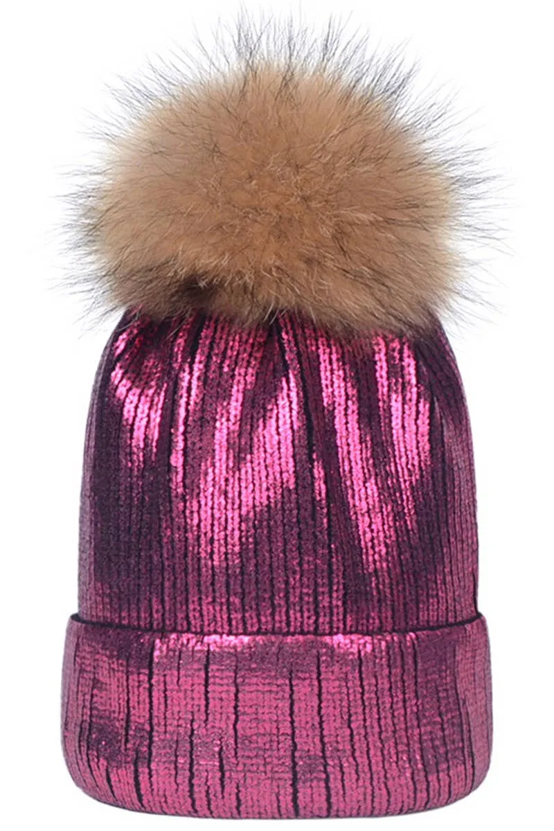 METALLIC SPARKLY FLUFFY POM POM BEANIE AQUA