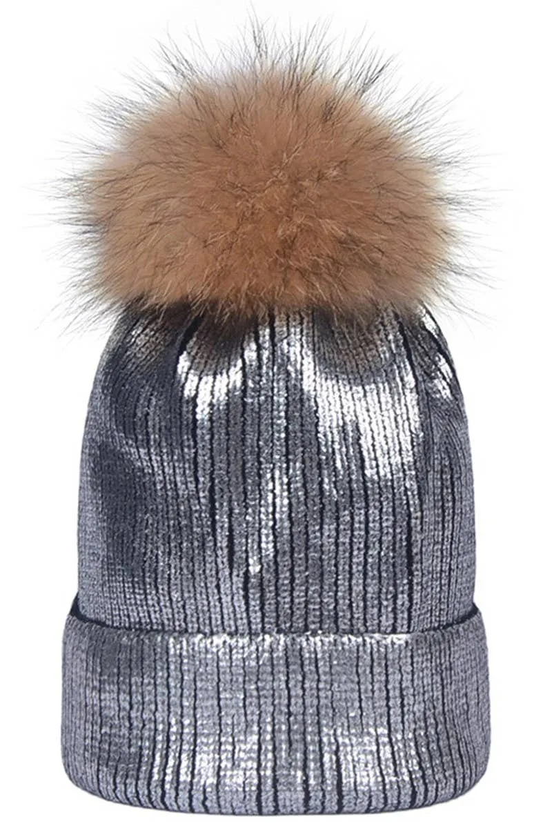 METALLIC SPARKLY FLUFFY POM POM BEANIE AQUA