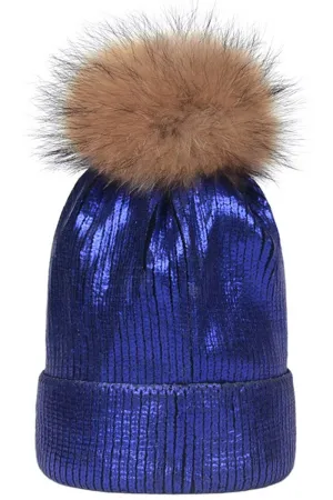METALLIC SPARKLY FLUFFY POM POM BEANIE AQUA