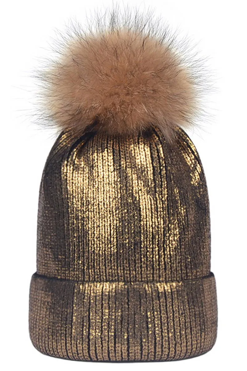 METALLIC SPARKLY FLUFFY POM POM BEANIE AQUA