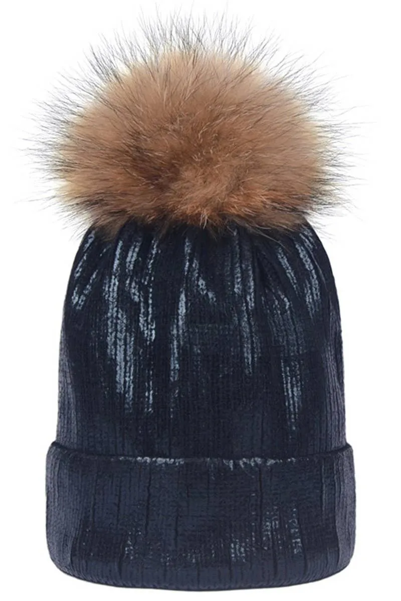 METALLIC SPARKLY FLUFFY POM POM BEANIE AQUA