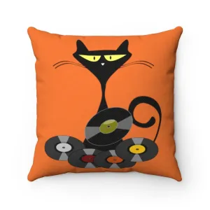 Mid Mod Cat, Mid Century Modern, Retro Black Cat and Albums Spun Polyester Square Pillow
