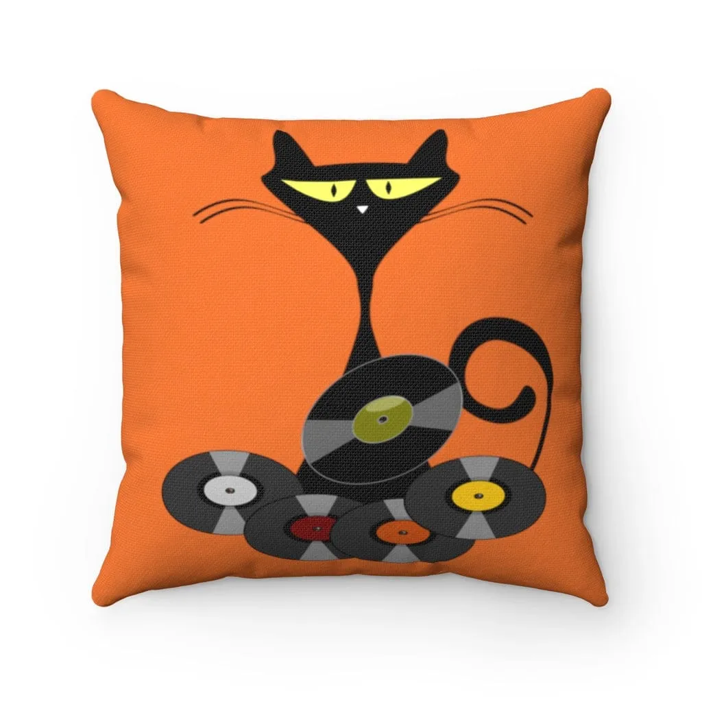 Mid Mod Cat, Mid Century Modern, Retro Black Cat and Albums Spun Polyester Square Pillow